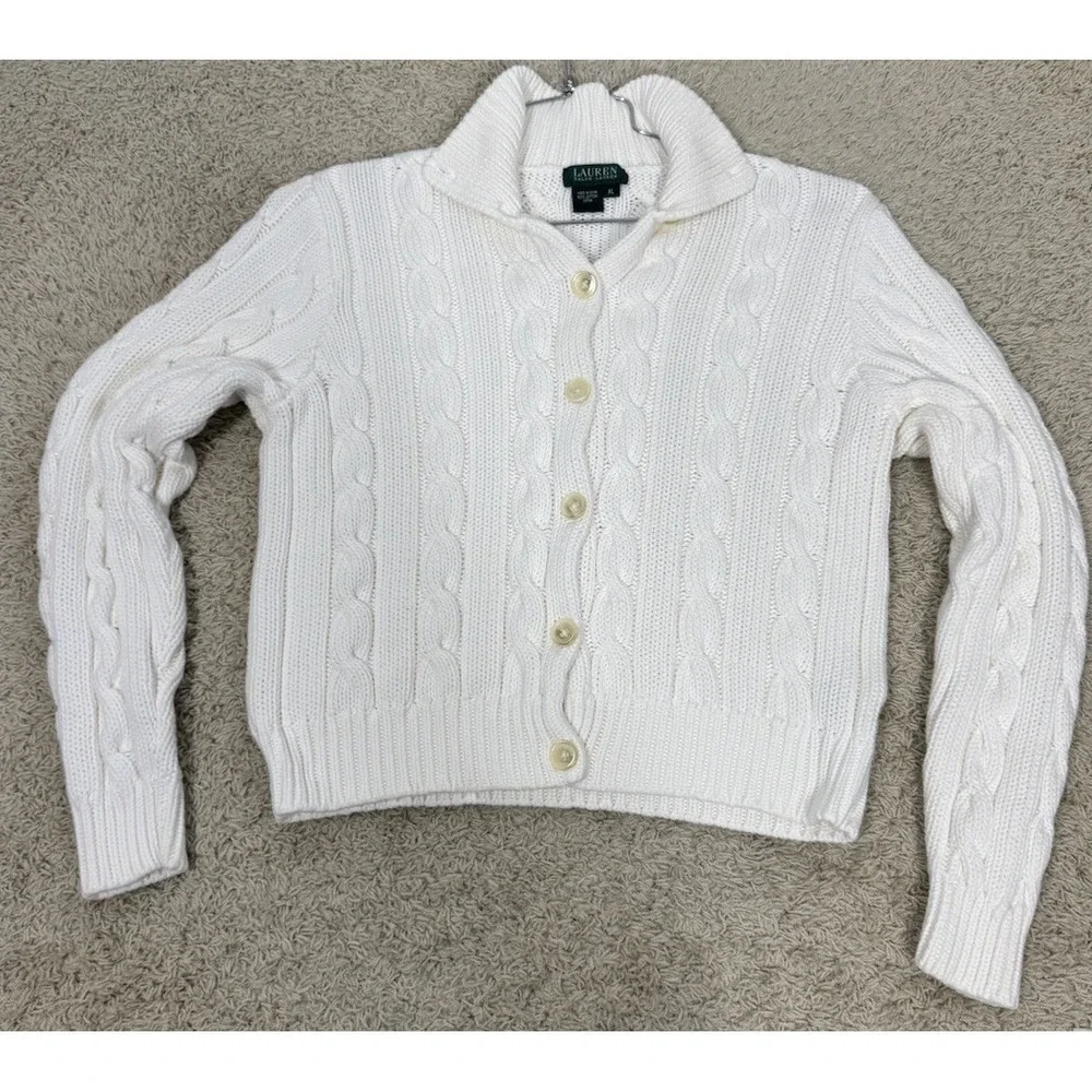 Lauren Ralph Lauren White Chunky Cable Knit Button Up Mock Neck Cardigan Size XL